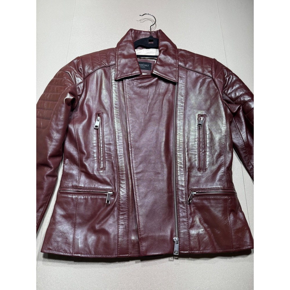 LeatherCult Burgundy Real Leather Moto Biker Jacket Quilted Shoulder  MSRP;$250